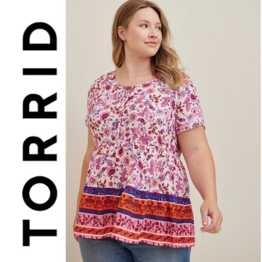 Torrid Plus Size Babydoll Rayon Slub Tie-Front Top Pink Floral 2X